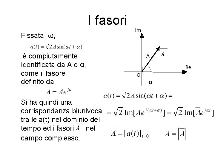 I fasori Fissata ω, è compiutamente identificata da A e α, come il fasore