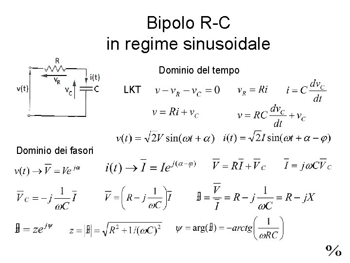 Bipolo R-C in regime sinusoidale Dominio del tempo LKT Dominio dei fasori 