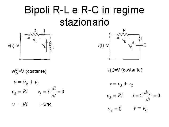 Bipoli R-L e R-C in regime stazionario v(t)=V (costante) i=V/R v(t)=V (costante) 