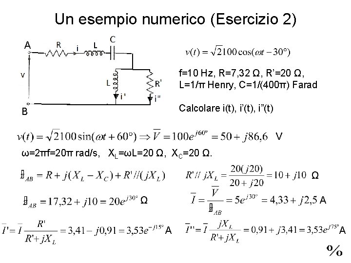 Un esempio numerico (Esercizio 2) A f=10 Hz, R=7, 32 Ω, R’=20 Ω, L=1/π