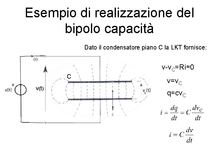Esempio di realizzazione del bipolo capacità Dato il condensatore piano C la LKT fornisce: