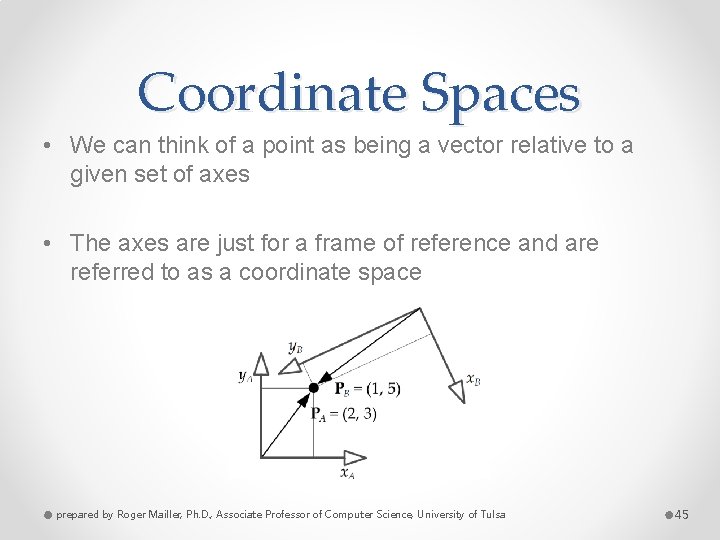 Coordinate Spaces • We can think of a point as being a vector relative