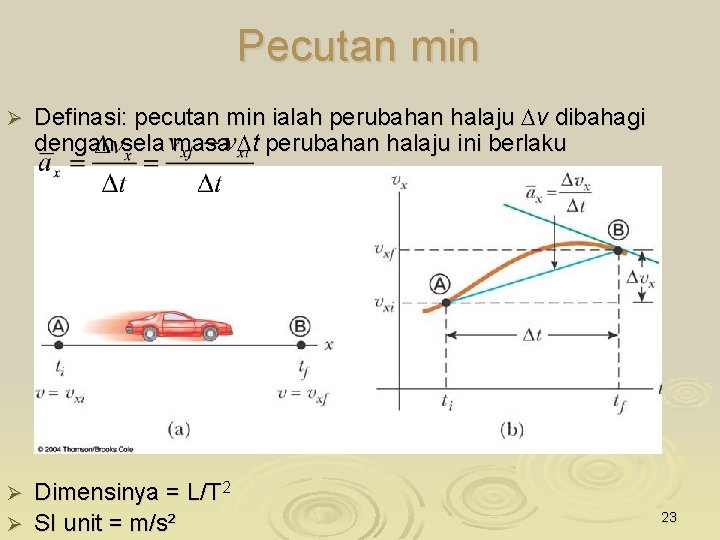 Pecutan min Ø Definasi: pecutan min ialah perubahan halaju v dibahagi dengan sela masa