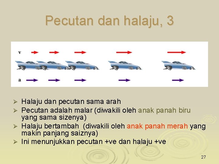 Pecutan dan halaju, 3 Halaju dan pecutan sama arah Pecutan adalah malar (diwakili oleh