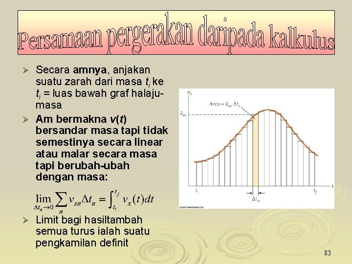 Secara amnya, anjakan suatu zarah dari masa ti ke ti = luas bawah graf