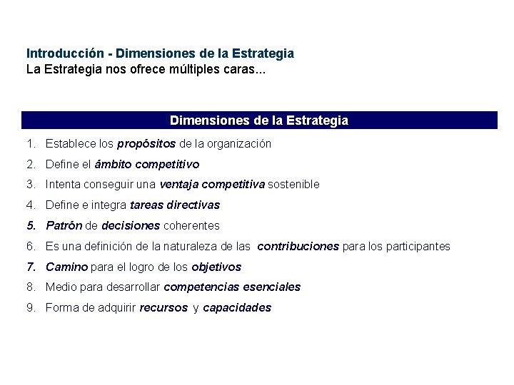 Introducción - Dimensiones de la Estrategia La Estrategia nos ofrece múltiples caras. . .