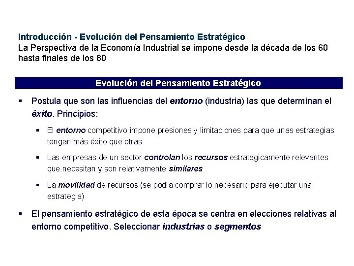 Introducción - Evolución del Pensamiento Estratégico La Perspectiva de la Economía Industrial se impone