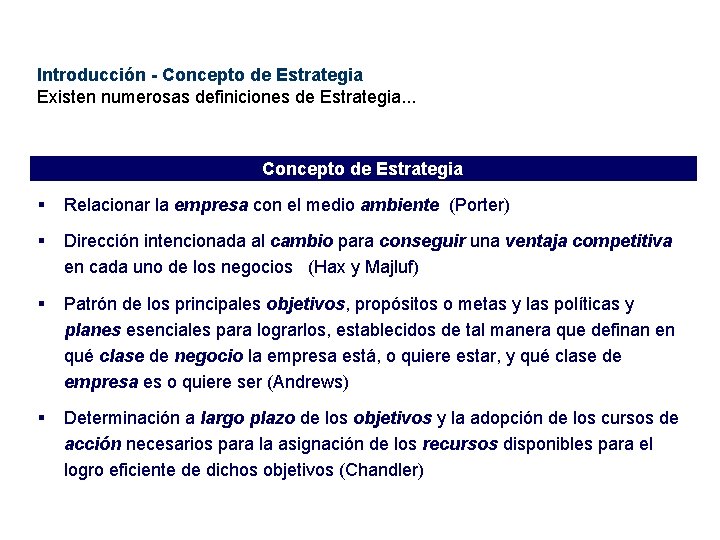 Introducción - Concepto de Estrategia Existen numerosas definiciones de Estrategia. . . Concepto de