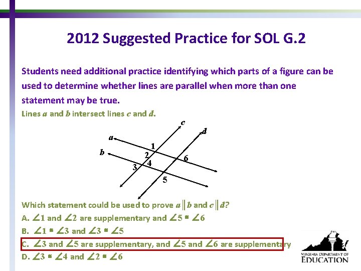 2012 Suggested Practice for SOL G. 2 Students need additional practice identifying which parts