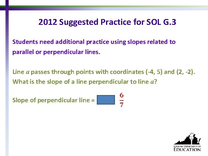 2012 Suggested Practice for SOL G. 3 Students need additional practice using slopes related