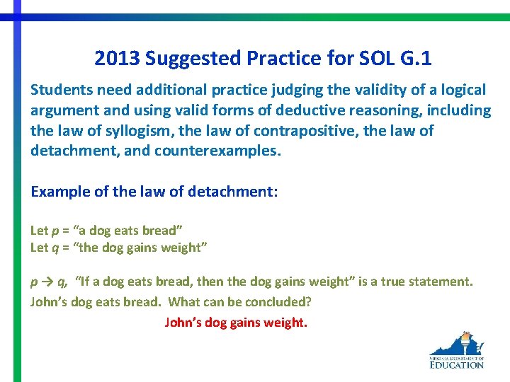 2013 Suggested Practice for SOL G. 1 Students need additional practice judging the validity