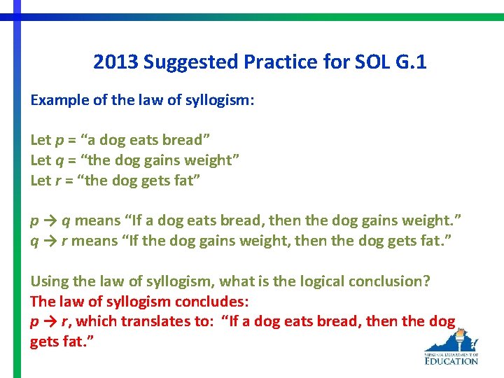 2013 Suggested Practice for SOL G. 1 Example of the law of syllogism: Let