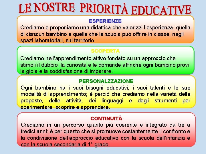 ESPERIENZE Crediamo e proponiamo una didattica che valorizzi l’esperienza; quella di ciascun bambino e