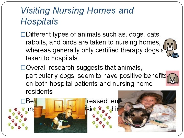 Visiting Nursing Homes and Hospitals �Different types of animals such as, dogs, cats, rabbits,