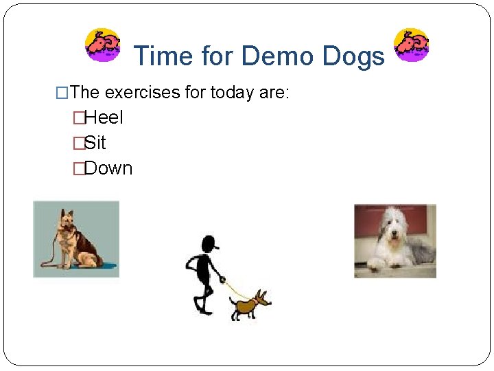 Time for Demo Dogs �The exercises for today are: �Heel �Sit �Down 