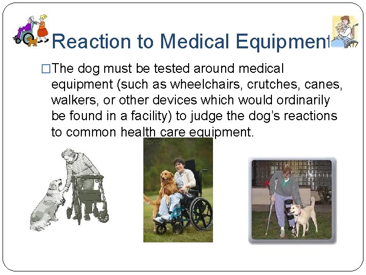 Reaction to Medical Equipment �The dog must be tested around medical equipment (such as