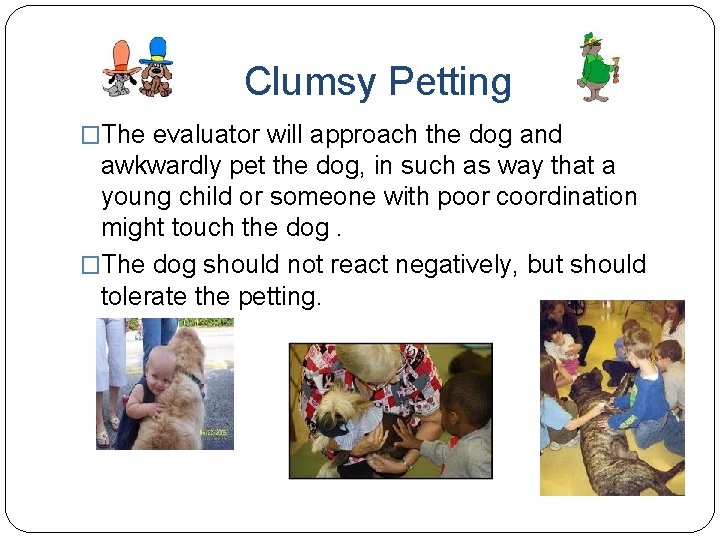 Clumsy Petting �The evaluator will approach the dog and awkwardly pet the dog, in