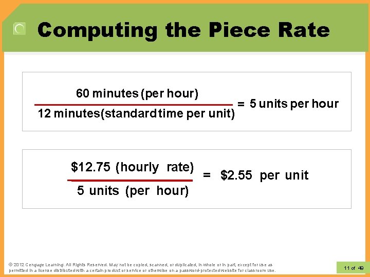Computing the Piece Rate 60 minutes (per hour) 12 minutes(standard time per unit) $12. Computing the Piece Rate 60 minutes (per hour) 12 minutes(standard time per unit) $12.