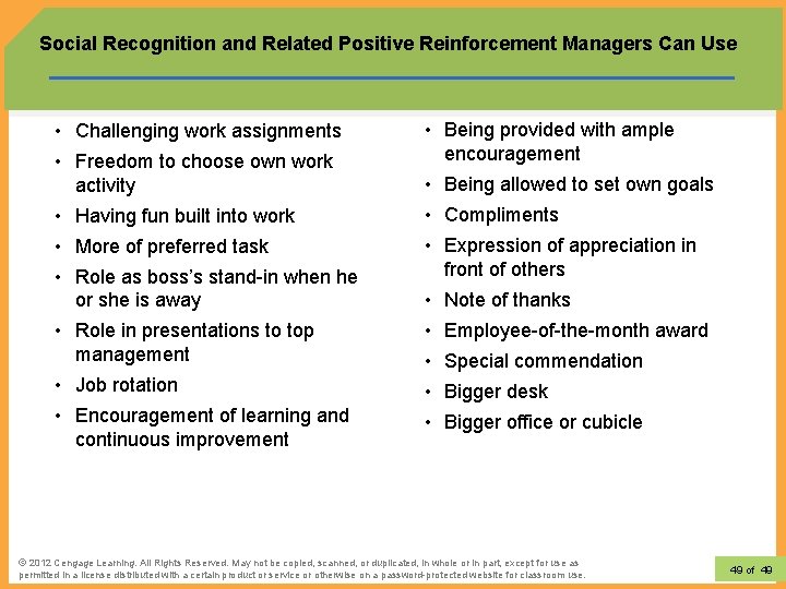Social Recognition and Related Positive Reinforcement Managers Can Use • Challenging work assignments • Social Recognition and Related Positive Reinforcement Managers Can Use • Challenging work assignments •