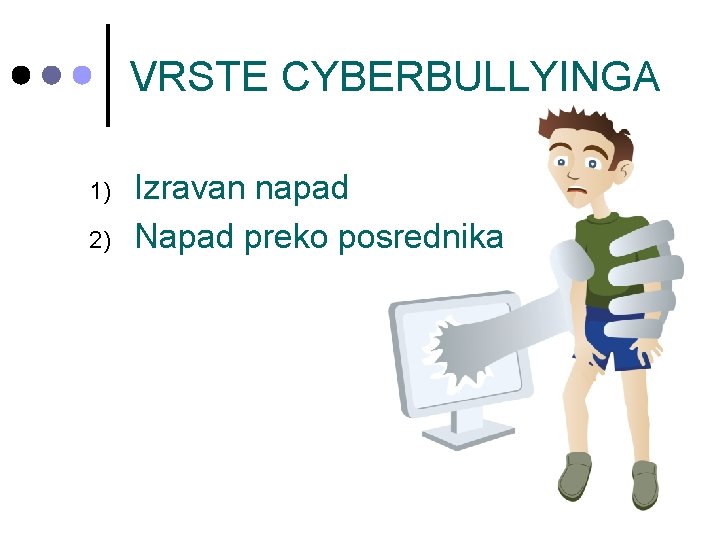 VRSTE CYBERBULLYINGA 1) 2) Izravan napad Napad preko posrednika VRSTE CYBERBULLYINGA 1) 2) Izravan napad Napad preko posrednika