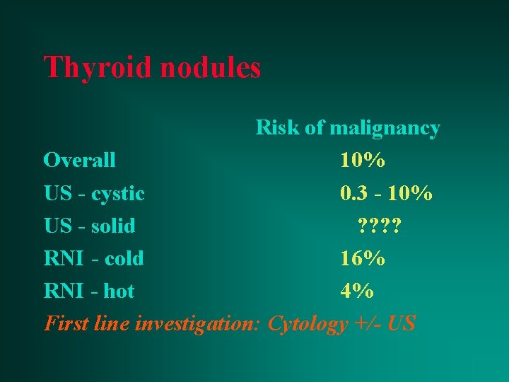 Thyroid nodules Risk of malignancy Overall 10% US - cystic 0. 3 - 10%