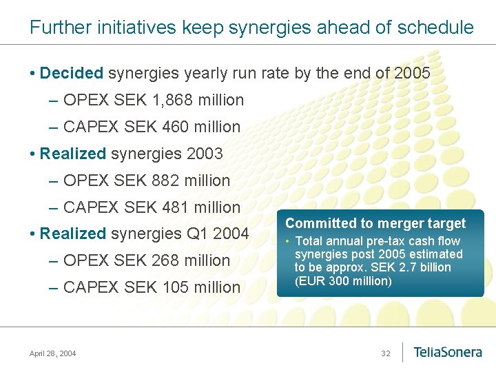 Further initiatives keep synergies ahead of schedule • Decided synergies yearly run rate by