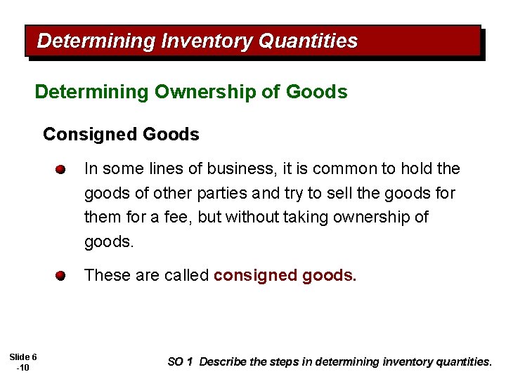 Determining Inventory Quantities Determining Ownership of Goods Consigned Goods In some lines of business,