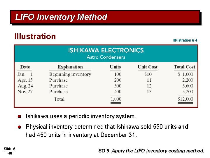 LIFO Inventory Method Illustration 6 -4 Ishikawa uses a periodic inventory system. Physical inventory