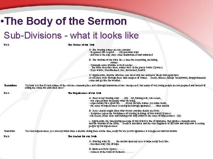  • The Body of the Sermon Sub-Divisions - what it looks like No