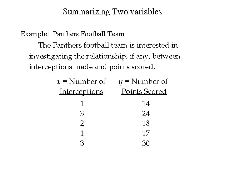 Summarizing Two variables Example: Panthers Football Team The Panthers football team is interested in