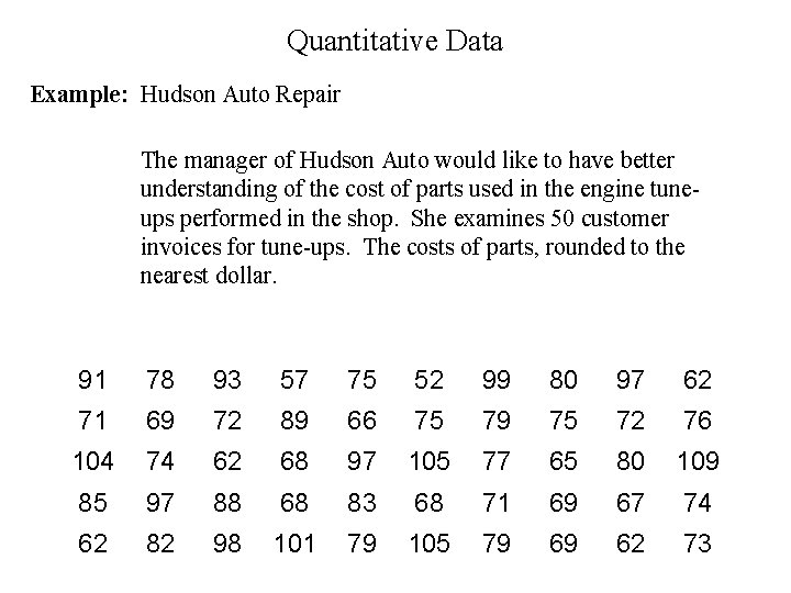 Quantitative Data Example: Hudson Auto Repair The manager of Hudson Auto would like to