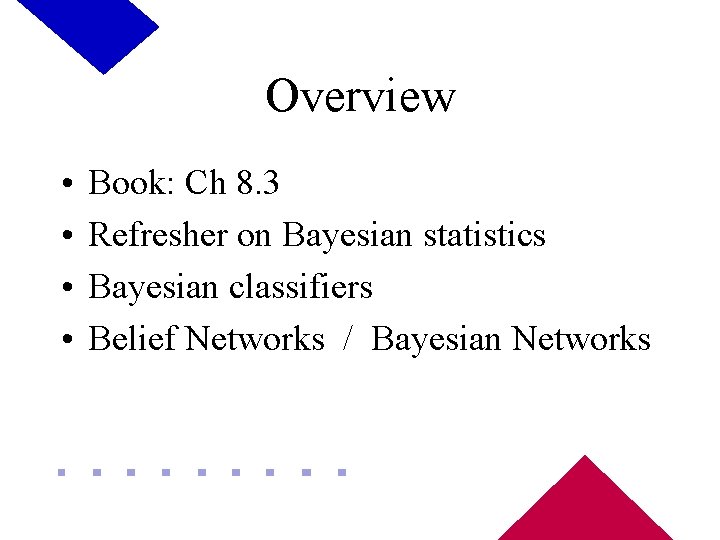 Overview • • Book: Ch 8. 3 Refresher on Bayesian statistics Bayesian classifiers Belief