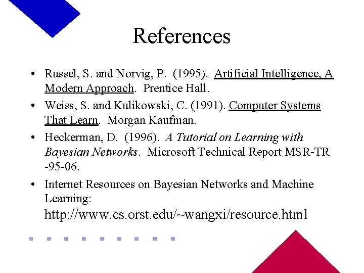 References • Russel, S. and Norvig, P. (1995). Artificial Intelligence, A Modern Approach. Prentice