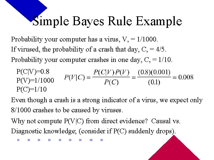 Simple Bayes Rule Example Probability your computer has a virus, V, = 1/1000. If
