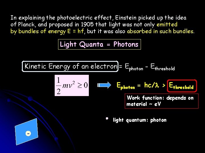 In explaining the photoelectric effect, Einstein picked up the idea of Planck, and proposed