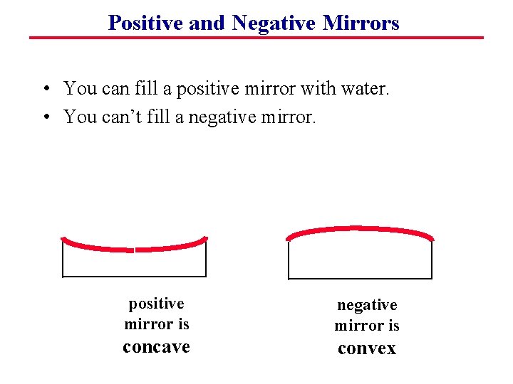 Positive and Negative Mirrors • You can fill a positive mirror with water. •