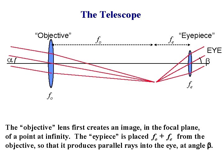 The Telescope “Objective” fo fe “Eyepiece” EYE a b fe fo The “objective” lens