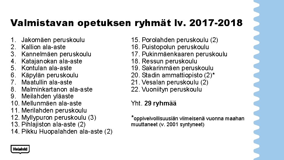 Valmistavan opetuksen ryhmät lv. 2017 -2018 1. Jakomäen peruskoulu 2. Kallion ala-aste 3. Kannelmäen