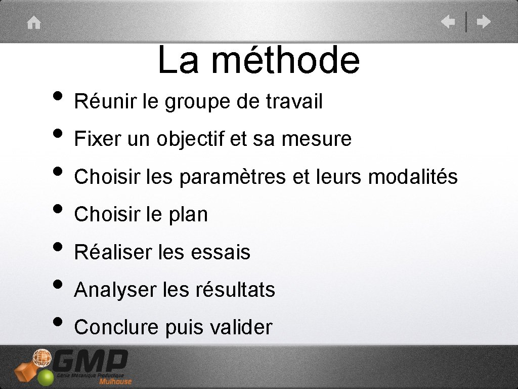 La méthode • Réunir le groupe de travail • Fixer un objectif et sa