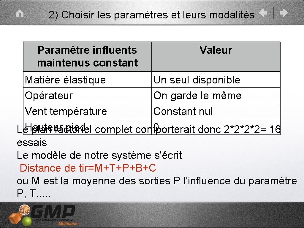 2) Choisir les paramètres et leurs modalités Paramètre influents maintenus constant Valeur Matière élastique