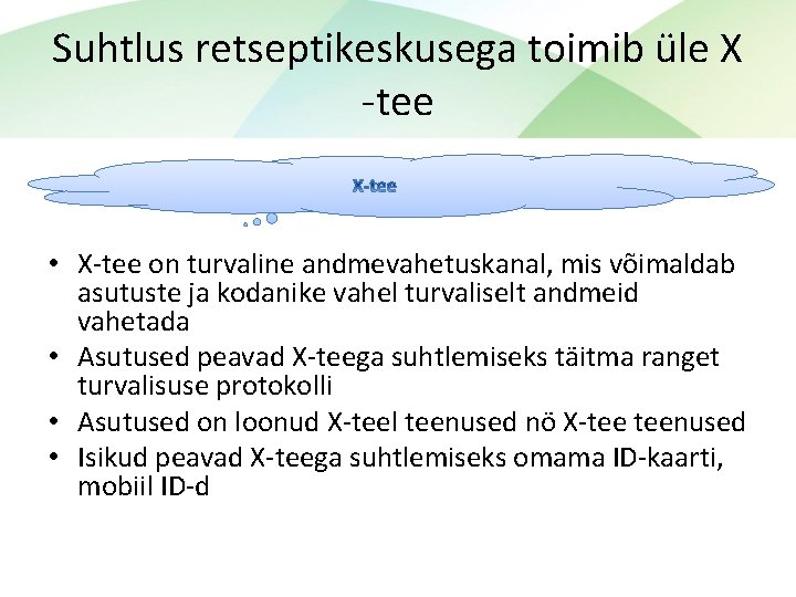 Suhtlus retseptikeskusega toimib üle X -tee • X-tee on turvaline andmevahetuskanal, mis võimaldab asutuste