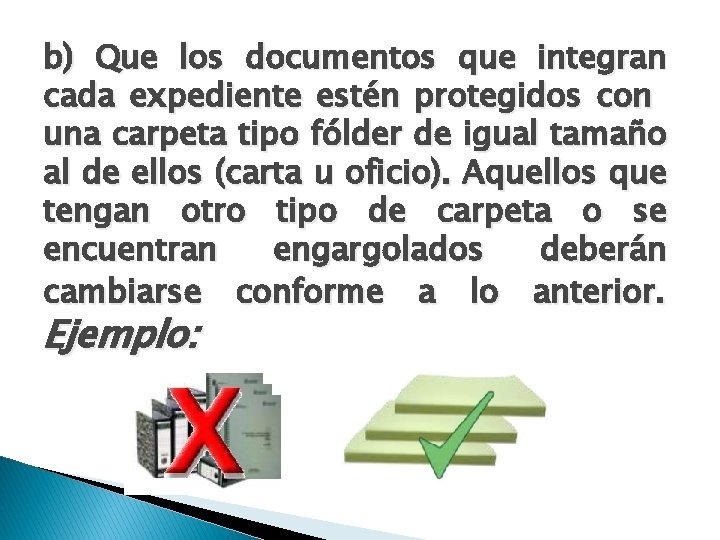 b) Que los documentos que integran cada expediente estén protegidos con una carpeta tipo
