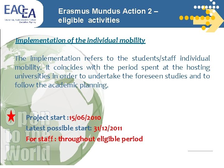 Erasmus Mundus Action 2 – eligible activities Implementation of the individual mobility The implementation