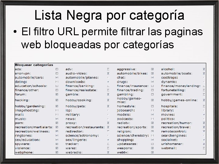 Lista Negra por categoría • El filtro URL permite filtrar las paginas web bloqueadas