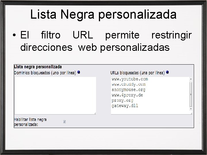 Lista Negra personalizada • El filtro URL permite restringir direcciones web personalizadas 