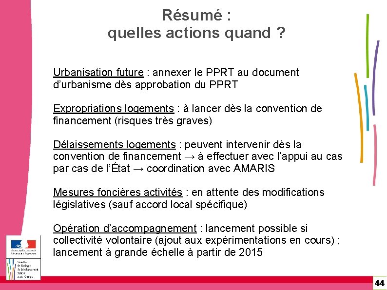 Résumé : quelles actions quand ? Urbanisation future : annexer le PPRT au document