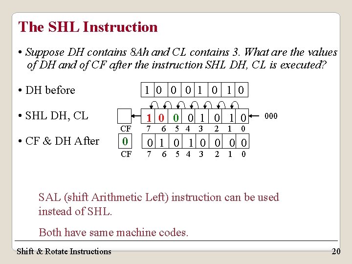The SHL Instruction • Suppose DH contains 8 Ah and CL contains 3. What