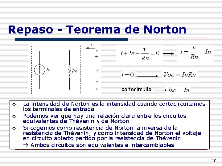 Repaso - Teorema de Norton cortocircuito ◊ ◊ ◊ La intensidad de Norton es