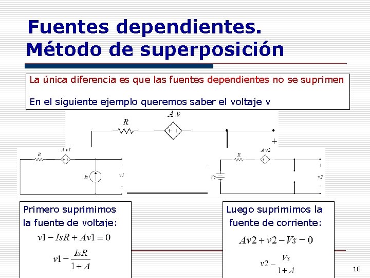 Fuentes dependientes. Método de superposición La única diferencia es que las fuentes dependientes no