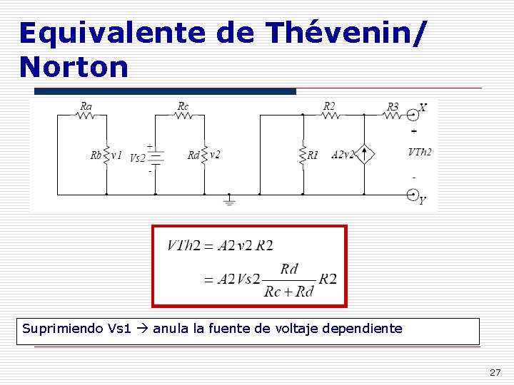 Equivalente de Thévenin/ Norton Suprimiendo Vs 1 anula la fuente de voltaje dependiente 27